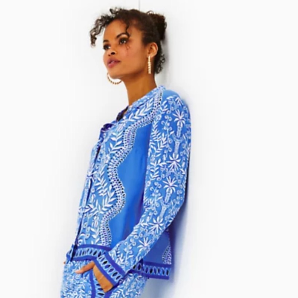 LILLY PULITZER KIRAN BUTTON DOWN SILK BLUE PRINTED BLOUSE SIZE LARGE - Picture 7 of 11